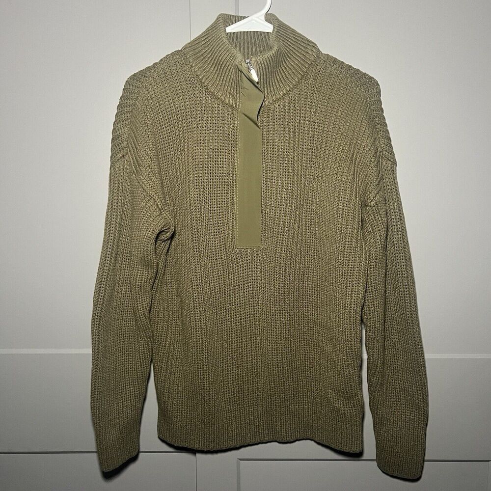 Outerknown Men 1/4 Zip Henley Chunky Knit Pullover Sweater Cotton Green Small